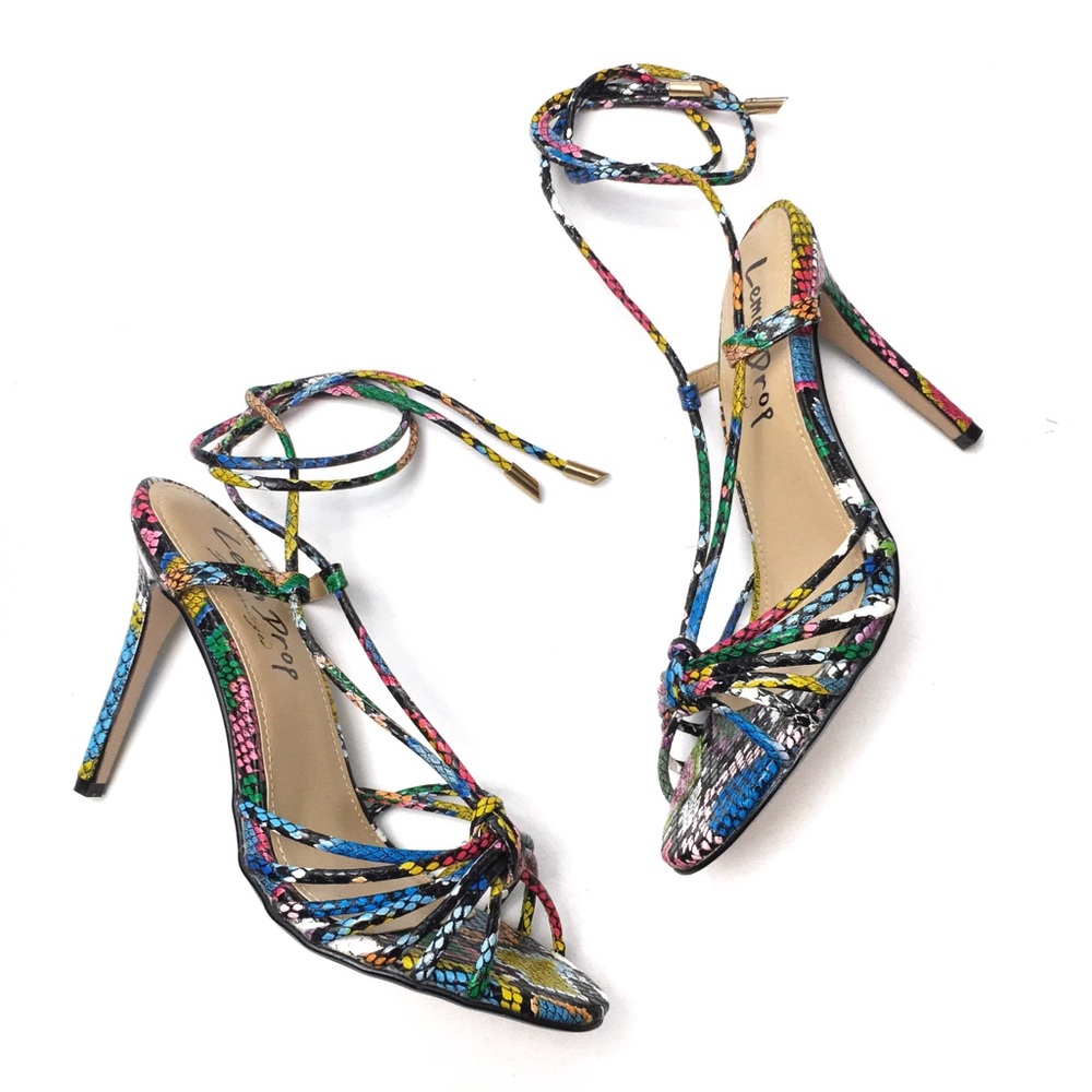 Rainbow Snake Print Ankle Wrap Strappy Heels